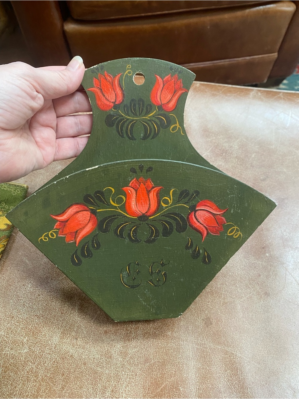 Vintage HandPainted Cone Coffee Filter Holder Green Floral Wooden Wall Decor - Picture 6 of 11
